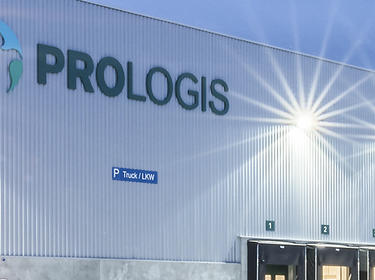 Exterior view at dusk of distribution center at Krefeld in Germany