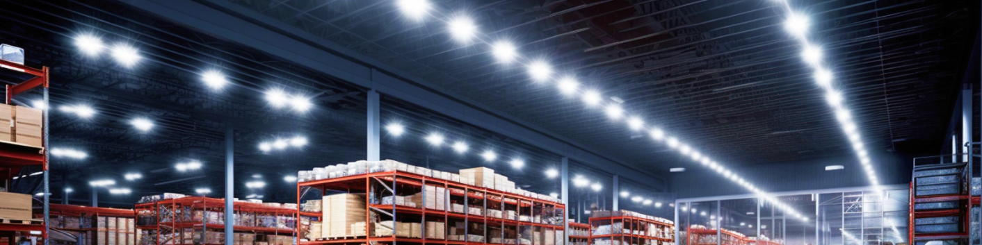 Magazzino illuminato con luci LED a soffitto Magazzino illuminato con luci LED a soffitto